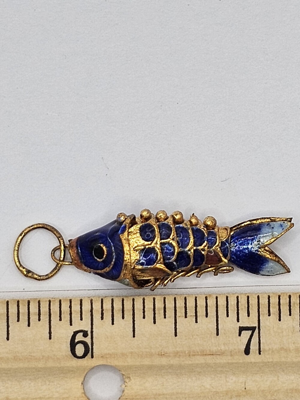 Lovely Vintage Chinese Articulated Blue Koi Fish Charm In Gold Plate & Enamel